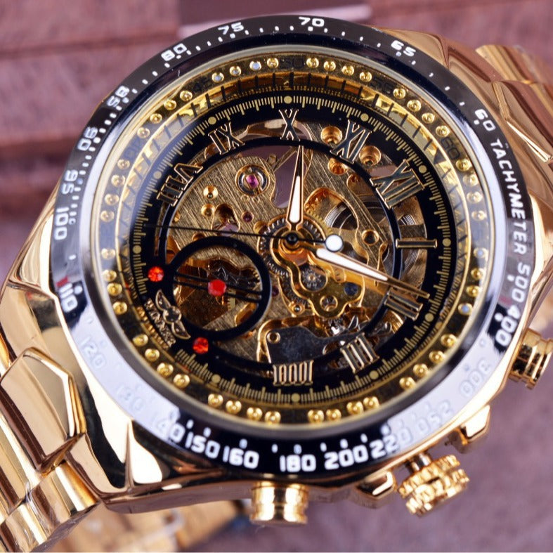 Mens Gold Skeleton Automatic Mechanical Watch