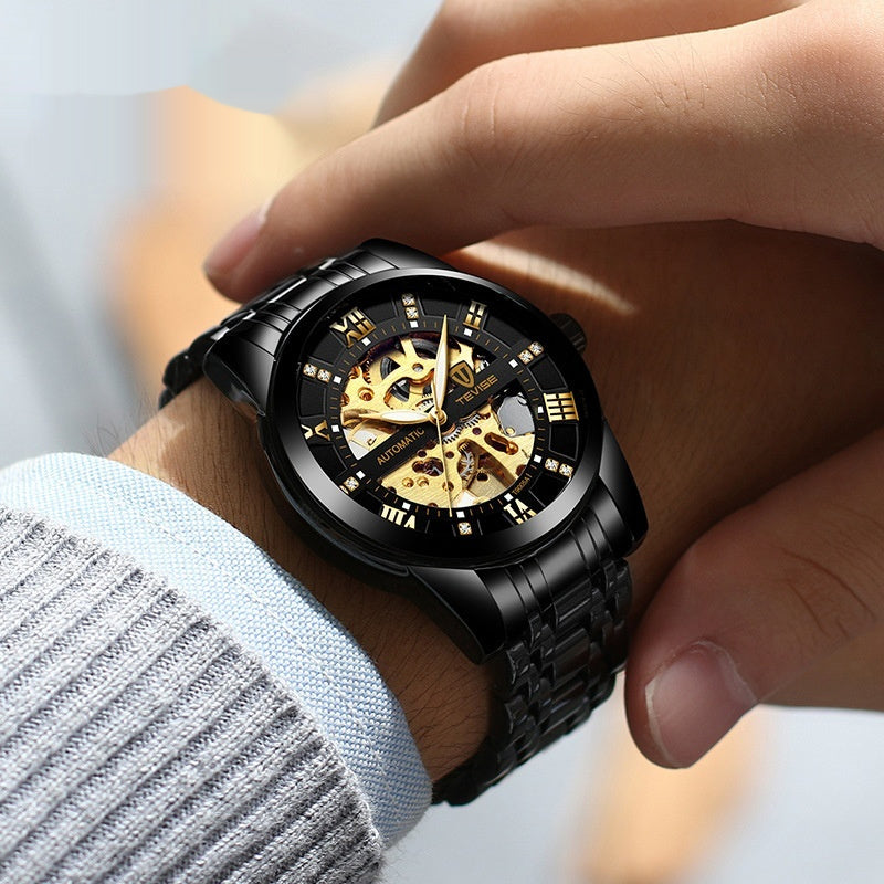 Men’s Skeleton Automatic Watch, Hollow Dial Mechanical Timepiece, Stainless Steel Bracelet, Luxury Gift for Him