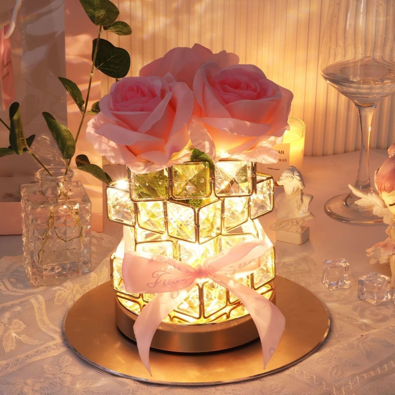 Warm Crystal Night Light Soft Ambient LED Bedside Lamp with Elegant Crystal Glow