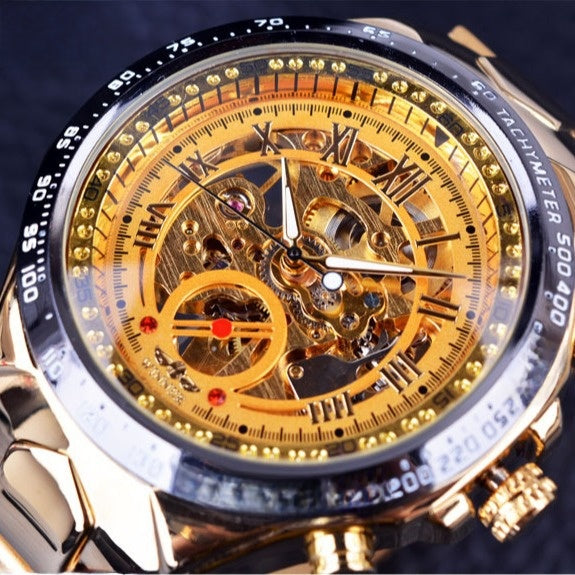 Mens Gold Skeleton Automatic Mechanical Watch