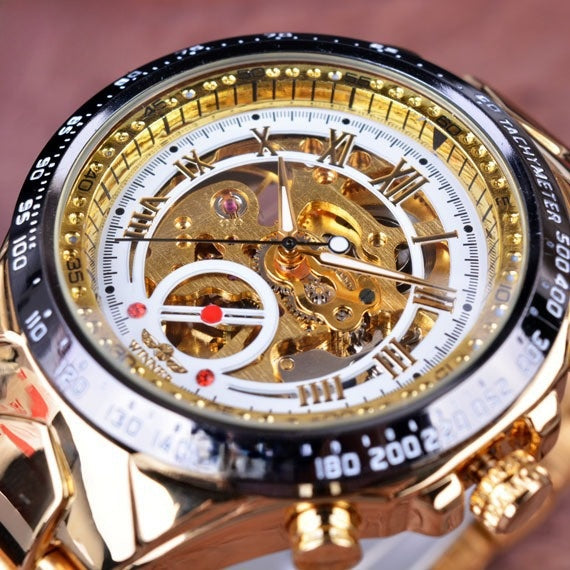 Mens Gold Skeleton Automatic Mechanical Watch